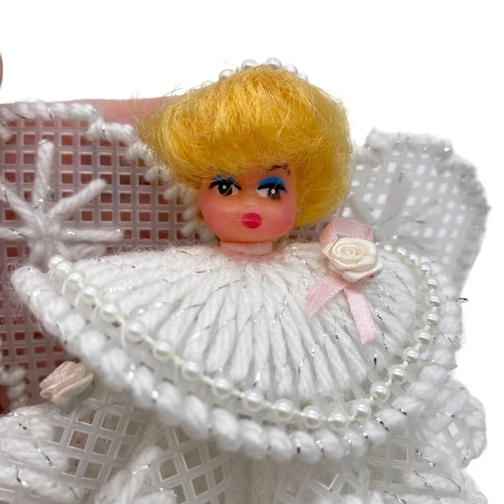Vintage Handmade Christmas Angel White pink rosettes Blonde rubber face ornament
